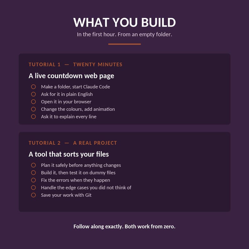 May include: A dark purple infographic titled WHAT YOU BUILD. It outlines two tutorials: a live countdown web page involving Claude Code, browser testing, and animation, and a file sorting tool covering planning, testing, error fixing, and Git.