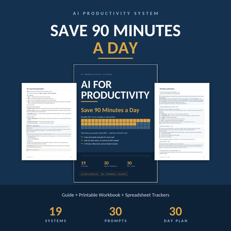 May include: An AI productivity system guide featuring a dark blue background with white and gold text. It includes a central document titled AI FOR PRODUCTIVITY, two side pages showing automation steps, and labels for 19 systems, 30 prompts, and a 30-day plan.