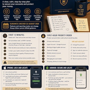 May include: A comprehensive UK low-ink emergency guide titled What to Do After a Phone Is Stolen, featuring a dark blue book, a matching mug, a spiral-bound checklist, and a pen. The guide provides step-by-step instructions, security checklists, and emergency contact numbers for protecting accounts and identity after a phone theft.