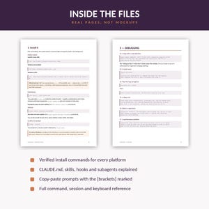 Preview of two PDF document pages detailing installation steps and debugging instructions, accompanied by bullet points highlighting verified install commands and code prompts.