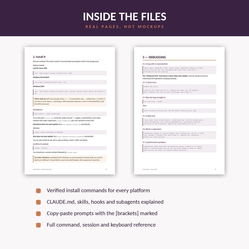 Preview of two PDF document pages detailing installation steps and debugging instructions, accompanied by bullet points highlighting verified install commands and code prompts.