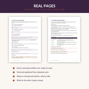 May include: Two pages from a guide titled REAL PAGES, NOT MOCKUPS - THIS IS THE ACTUAL GUIDE. The left page is titled 8. Your First Twenty Minutes, and the right page is titled 11. The Skill Is Describing Things, featuring text and code blocks.