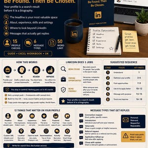 May include: A digital marketing graphic for the AI LinkedIn Job Search Toolkit, featuring a book, a dark blue mug with a LinkedIn logo, a notebook, and a laptop. The text includes sections on profile optimisation, message types, and job search strategies.