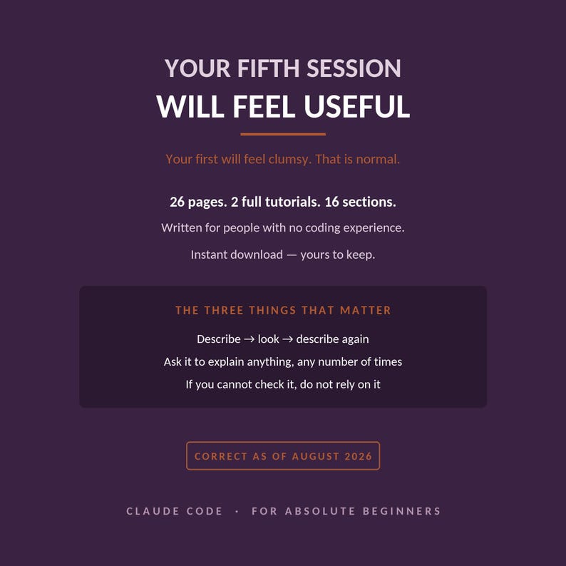 May include: A dark purple digital document cover titled YOUR FIFTH SESSION WILL FEEL USEFUL. It lists 26 pages, 2 full tutorials, and 16 sections for people with no coding experience. It includes a box titled THE THREE THINGS THAT MATTER.