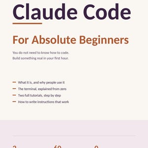 May include: A digital document titled Claude Code For Absolute Beginners. It includes the text Start Here, a description of the content, four bullet points, and a footer with the stats 2 Tutorials, 60 Minutes, 0 Experience, and Correct as of August 2026 PDF.
