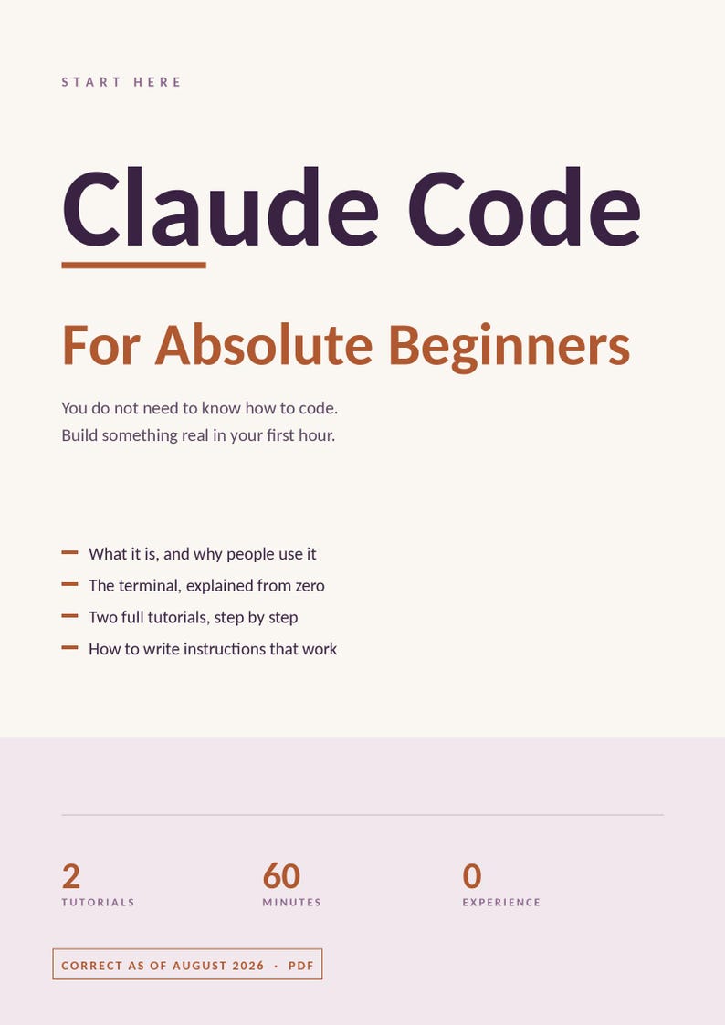 May include: A digital document titled Claude Code For Absolute Beginners. It includes the text Start Here, a description of the content, four bullet points, and a footer with the stats 2 Tutorials, 60 Minutes, 0 Experience, and Correct as of August 2026 PDF.