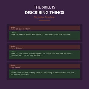 May include: A dark purple graphic poster with white text reading THE SKILL IS DESCRIBING THINGS. Below, three sets of boxes contrast weak and strong instructions, such as make it look better versus make the heading bigger and centre it.