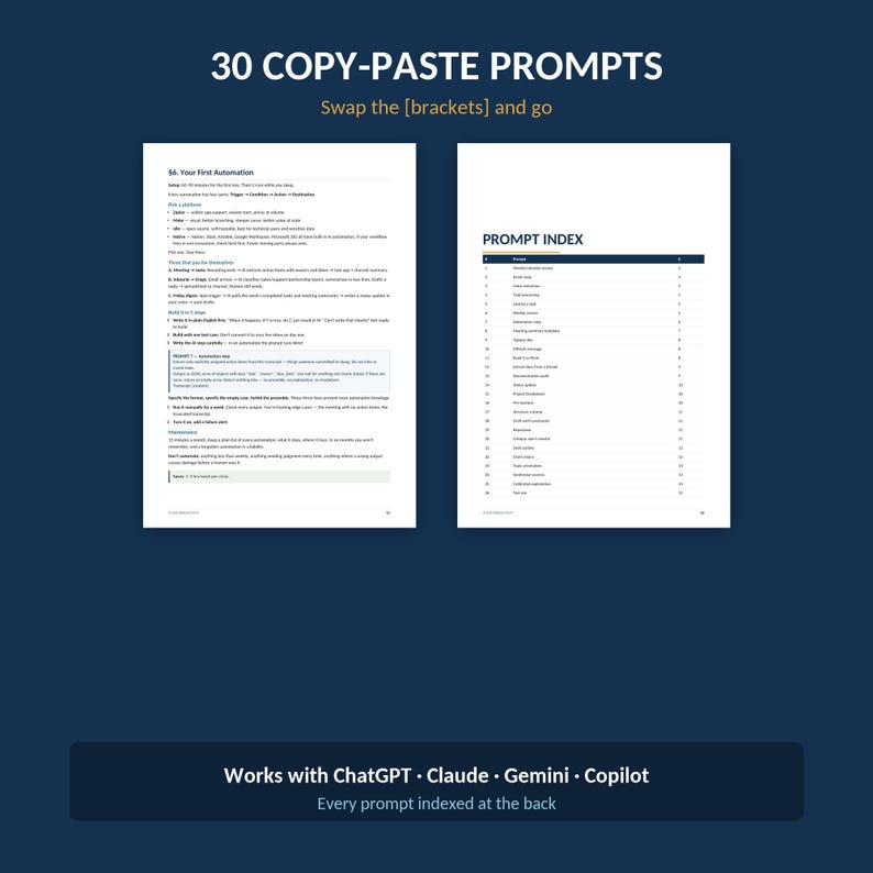 May include: A digital document titled 30 COPY-PASTE PROMPTS featuring a page on automation and a PROMPT INDEX page. The text includes instructions for building automations and a numbered list of prompts. The bottom banner reads Works with ChatGPT, Claude, Gemini, Copilot.