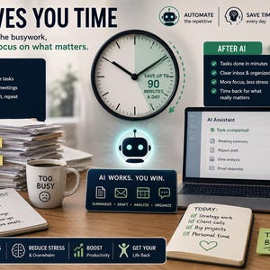 May include: An infographic titled AI SAVES YOU TIME featuring a clock, a laptop displaying an AI Assistant, a stack of papers with sticky notes, two mugs labeled TOO BUSY and FOCUS CREATE ACHIEVE, and notebooks with to-do lists and task summaries.