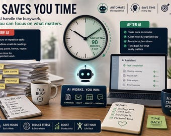 AI Productivity Planner UK, PDF + Excel Workbook, ChatGPT Prompts and Time Audit Trackers