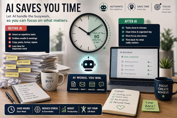 AI productivity system with 30 customizable ChatGPT prompts, Excel trackers, workbook, time audit, and rollout plan