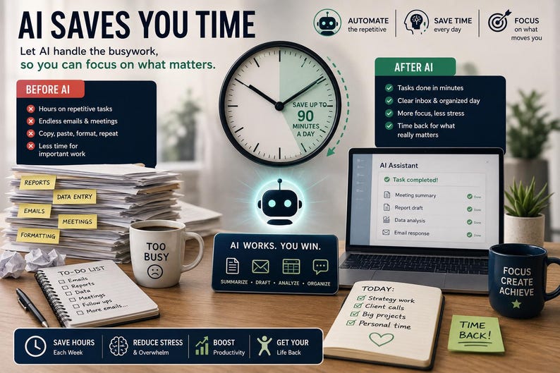 May include: An infographic titled AI SAVES YOU TIME featuring a clock, a laptop displaying an AI Assistant, a stack of papers with sticky notes, two mugs labeled TOO BUSY and FOCUS CREATE ACHIEVE, and notebooks with to-do lists and task summaries.