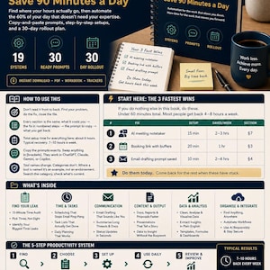 May include: A spiral-bound book titled AI for Productivity: Save 90 Minutes a Day, featuring a dark blue cover with white text. The image displays a comprehensive guide with sections on systems, prompts, and a 30-day rollout plan, alongside a notepad, a dark blue mug, and a yellow sticky note.