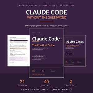 Product overview graphic for Claude Code The Practical Guide, displaying document pages, statistics of 21 sections, 40 use cases, and 2 PDF files on a dark purple background.