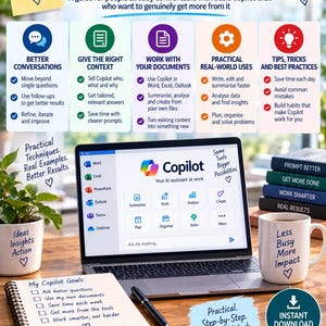 May include: An educational guide titled Microsoft Copilot Beyond the Basics featuring an intermediate guide for AI chat. The image displays a laptop screen showing the Copilot interface, a notebook with goals, a pen, and a mug on a wooden desk.