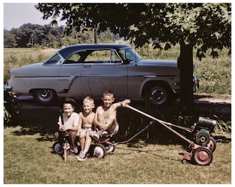 Lawn Mower Powered Wagon: Fun in the 50's Vintage Original Photo from Negative 10x8