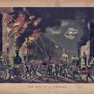 Vintage 1800s Firefighter Illustration, "The Life of a Fireman." 14x11 Firefighter Decor, Gift