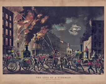 Vintage 1800s Firefighter Illustration, "The Life of a Fireman." 14x11 Firefighter Decor, Gift