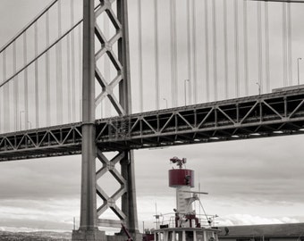 Fireboat Number 2 under San Francisco Bay Bridge, B&W, Red Boat Firefighter