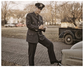 Vintage 1950s Police Officer Writing Ticket 8x10 Decor, Uniform, Old Cars