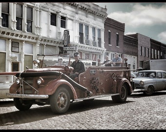 Old Firetruck, Firefighters in Huntsville, Kansas 1959 12x8 print
