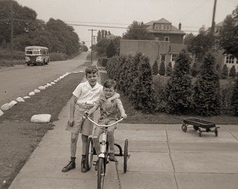 Vintage Kids on Vintage Trike, 1950s Original BW Print from Negative, 8x10