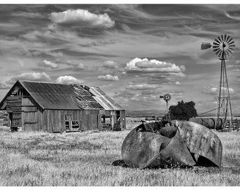 B&W Fine Art Home Decor, Country Scene with Barn, Windmills, Clouds, 14x11