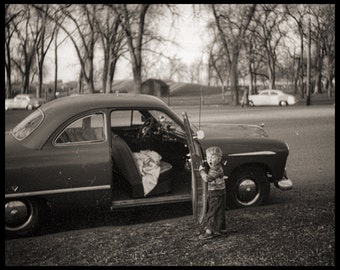 Young Boy ready for a Ride, 1940s BW Vintage 10x8 Photo with Car