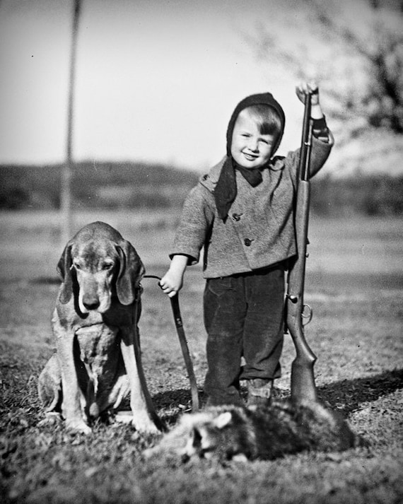 1940 Photo Boy and Hunting Dog gun Rifle 17/"x11/" vintage Americana View