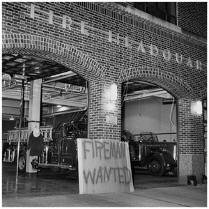 Fireman Wanted Sign at Station, 1966 Original Vintage Image 10x10