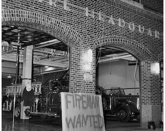 Fireman Wanted Sign at Station, 1966 Original Vintage Image 10x10