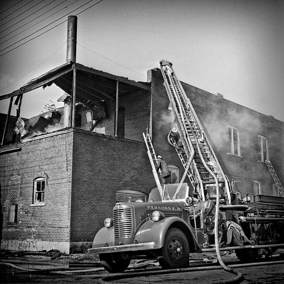 Vintage 1963 Fire Fighter Image 10x10 Hook and Ladder Truck