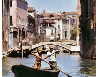 Father and Son Boaters on Venice Canal, Vintage 1951 Photo Painting 8x10 or 8x12 options