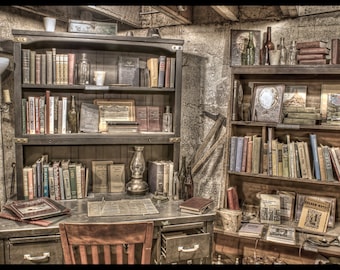 Antique Corner Office Art Print, Sonora, CA Still Life, Books, Chair, Desk, 12x8