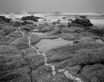 Peaceful Seascape on Monterey Peninsula Rocks Tidepools Waves in Black and White Tranquil