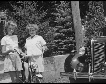 Bicycle Built for Two... Young Girls Pose by a Bike and an Old Car, 1940s 12x8
