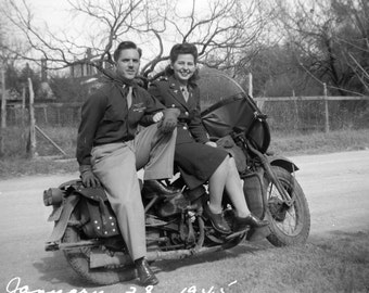 Army Issue Harley Davidson with Love Birds in 1945, Vintage Photo from Original WWII Negative