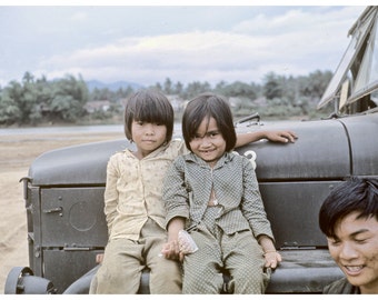 Vietnam 1969 Vintage Photograph, Two Children on Army Vehicle 12x8