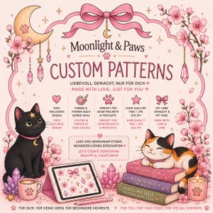 Könnte beinhalten: Eine digitale Grafik mit dem Text Moonlight & Paws Custom Patterns, umgeben von rosa Kirschblüten, einer schwarzen Katze, einer Glückskatze auf Büchern, einem Tablet und Kristallen. Das Design enthält Symbole und Text auf Englisch und Deutsch.