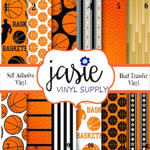 May include: A sheet of 12 basketball-themed heat transfer and self-adhesive vinyl. The designs include basketballs, stars, stripes, and the words "BASK" and "BASKETBALL".