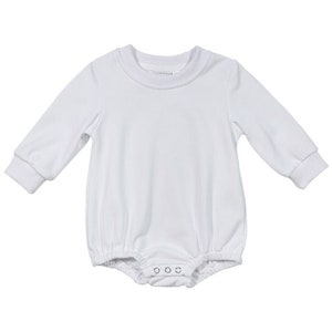 May include: White long-sleeved baby onesie with a round neckline and snap closures at the bottom.