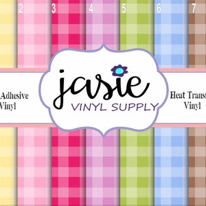 May include: Seven different colors of gingham patterned vinyl sheets. The colors are yellow, pink, red, purple, green, blue, and brown. The vinyl sheets are labeled with numbers 1 through 7. The text "Self Adhesive Vinyl" and "Heat Transfer Vinyl" are at the bottom of the image.
