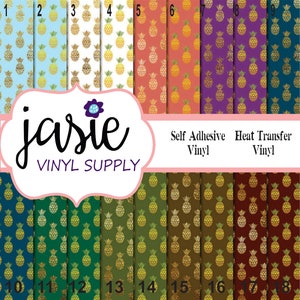May include: A sheet of 18 self-adhesive and heat transfer vinyl with a pineapple pattern. The vinyl is available in a variety of colors, including blue, green, red, orange, purple, and brown. The vinyl is perfect for crafting and DIY projects.