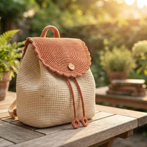 May include: A crochet backpack featuring a cream-coloured body and a scalloped, rust-orange flap. The flap is secured with a single wooden button, and two long, rust-orange drawstrings with circular ends hang down the front of the bag.