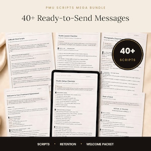 PMU Scripts Mega Bundle, 40+ meddelandemallar för permanent makeup-klienter, DM-e-post och SMS, retentionssekvens och välkomstpaket