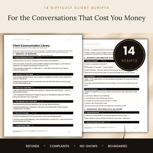 14 script per clienti difficili per truccatori professionisti, richieste di rimborso per trucco permanente, modelli di reclamo e di delimitazione dei limiti, download immediato.