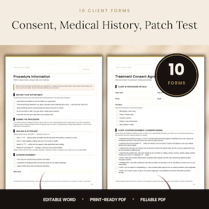 Pode incluir: Um conjunto de 10 formulários de cliente imprimíveis para procedimentos de maquilhagem permanente, incluindo informações sobre o procedimento, histórico médico e acordos de consentimento. Texto preto em papel branco com caixas de seleção.