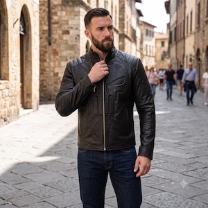 May include: A black leather jacket featuring a prominent embossed skull logo on the chest, a stand-up collar, a full-length front zipper, and quilted shoulder detailing, paired with dark blue denim jeans in a casual outdoor setting.