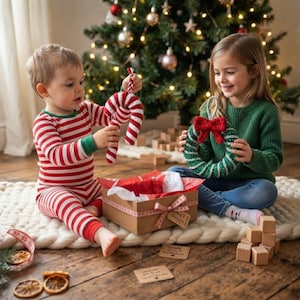 May include: A brown cardboard gift box with a ribbon, a red and white striped crochet candy cane, and a green and white crochet wreath with a red bow. The box features a small tag, and there are wooden blocks and dried orange slices nearby.