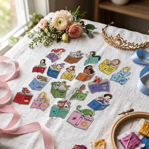 May include: A collection of twenty-one die-cut stickers featuring various animated characters reading books. Each sticker displays a unique character with a book, including titles like Beauty and the Beast, Mulan, Princess and the Frog, and Tangled.
